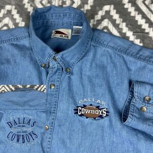 Dallas Cowboys Denim Button Up Shirt Men Large NFL Long Slv Blue VTG 90s 2-Sided